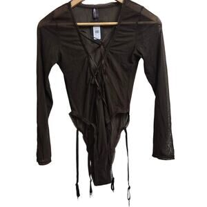 NWT Frederick's of Hollywood Lola Brown Mesh Long-Sleeve Lace-Up Bodysuit Size M